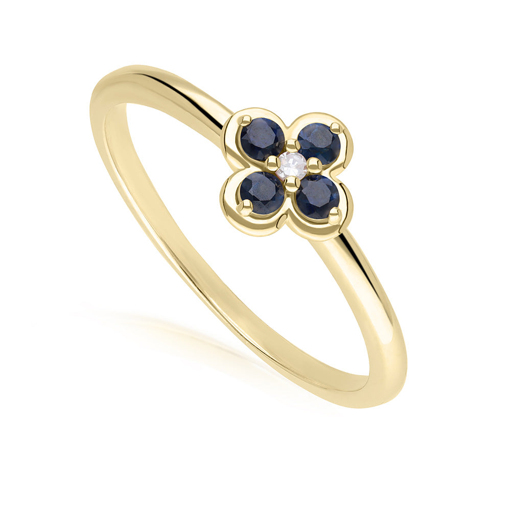 9K Gold Round Blue Sapphire Diamond Classic Flower Ring