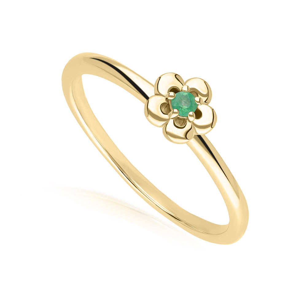 9K Gold Round Emerald Five Petal Flower Ring GemondoTh