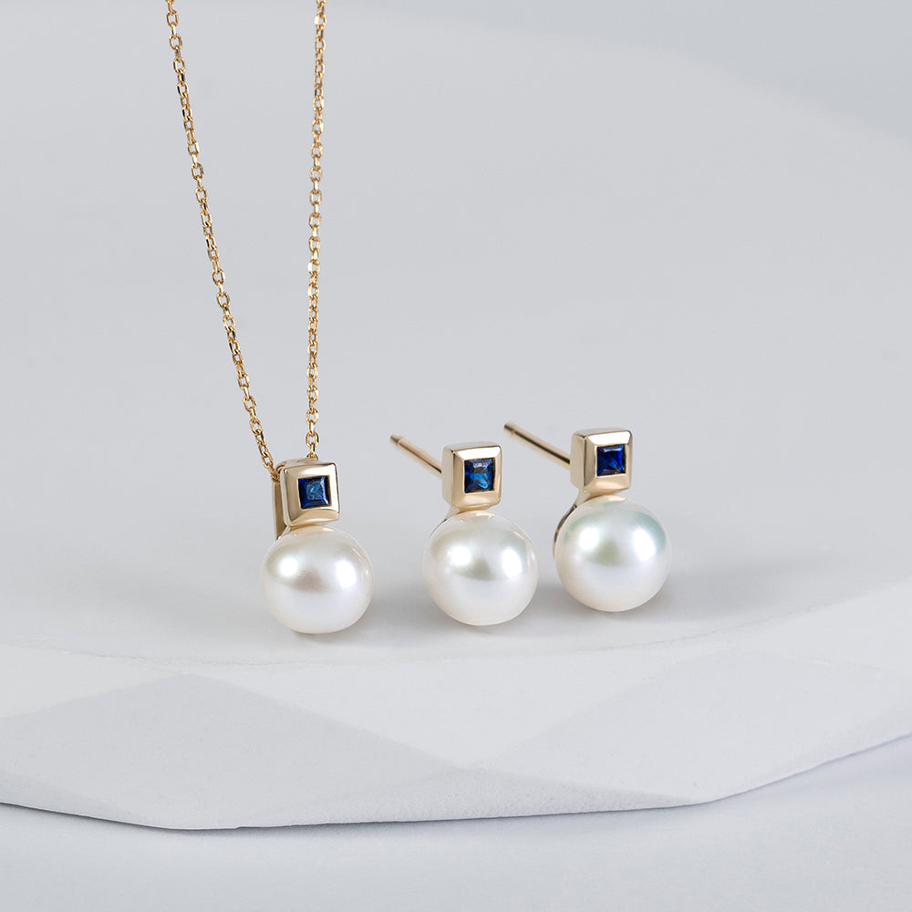 135E1810-03-9K-Gold-Pearl-and-Square-Blue-Sapphire-Earrings