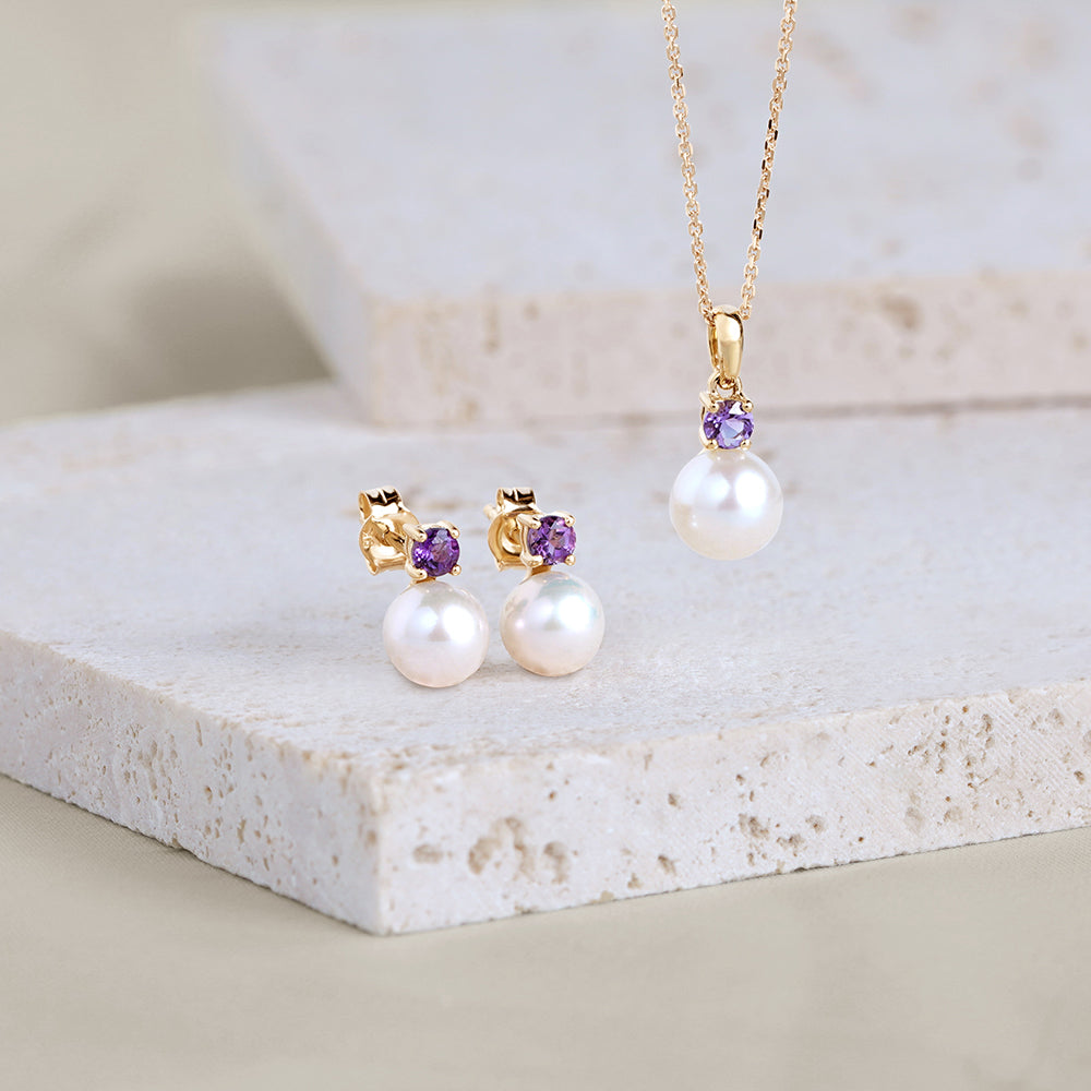 135E1817-03-9K-Gold-Pearl-and-Round-Amethyst-Earrings