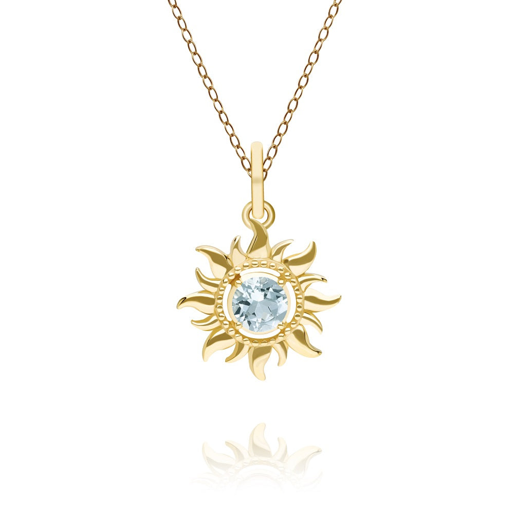 9K Gold Aquamarine March Birthstone Sunburst Pendant (Chain sold separately)