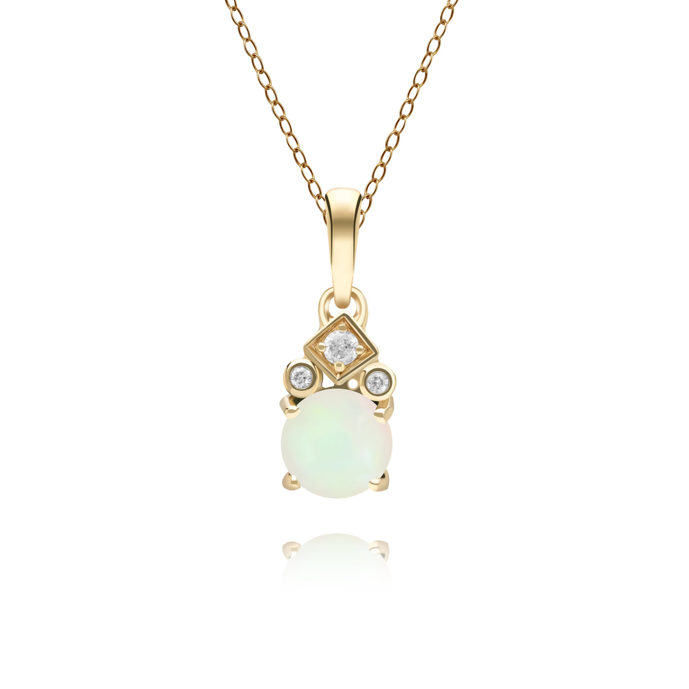9K Gold Classic Round Opal Four Claws & Diamond Pendant (Chain sold separately)