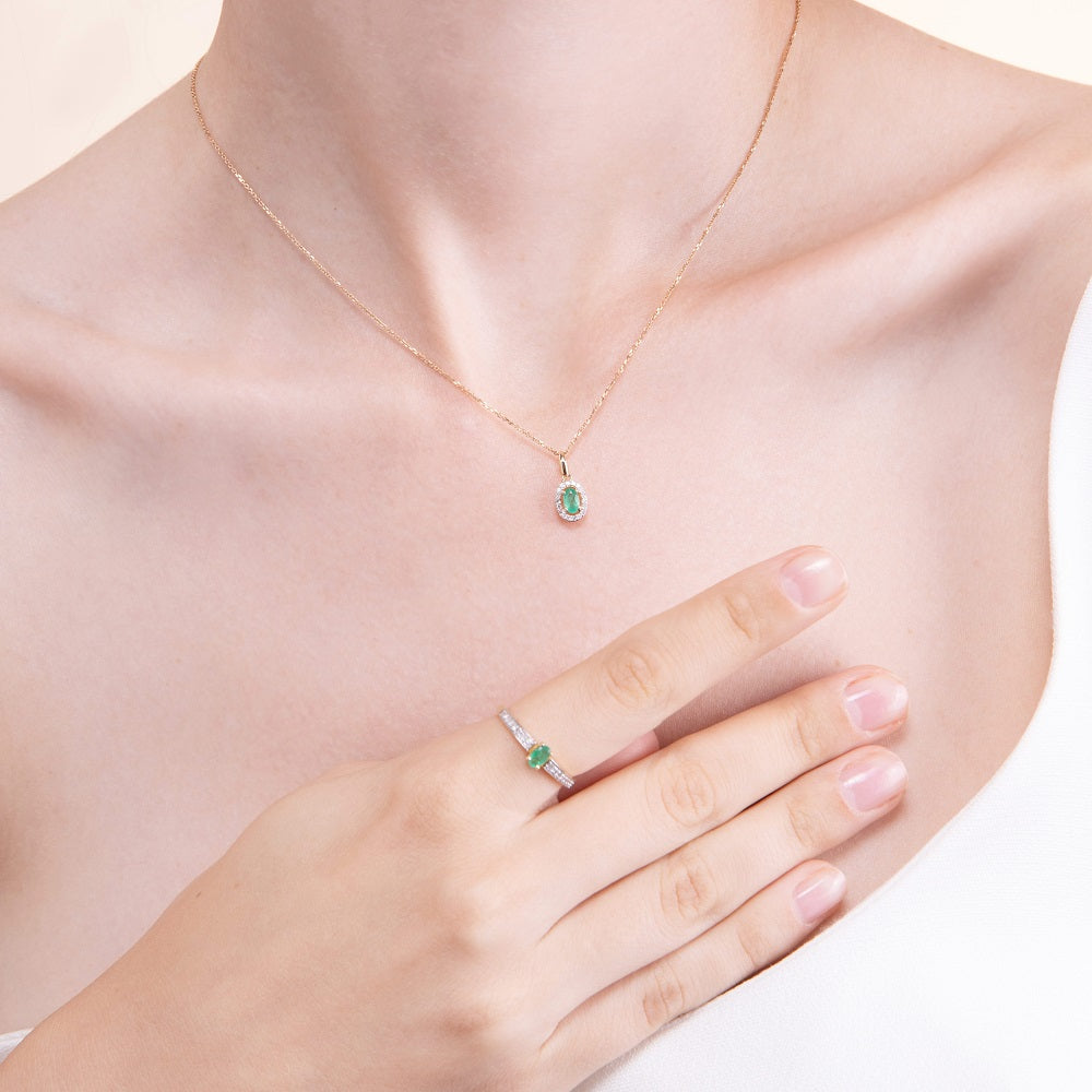 9K Gold Oval Emerald & Diamond Engagement Ring