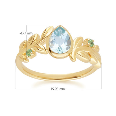 O Leaf แหวนทองคำ 9K ประดับด้วยบลูโทแพซ (Sky Blue Topaz) และซาโวไรท์ (Tsavorite) ดีไซน์ทรงกิ่งใบมะกอก