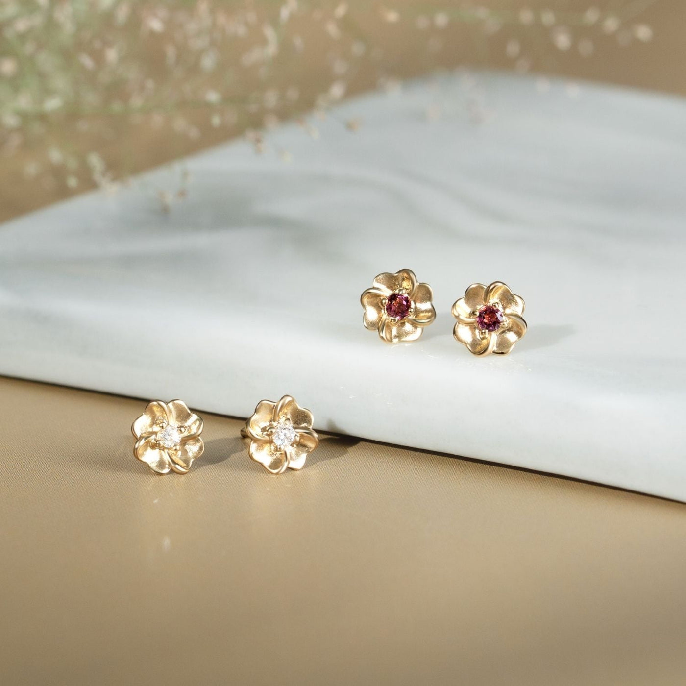 9K-Yellow-Gold-Natural-Diamond-Bloom-Floral-Stud-Earrings