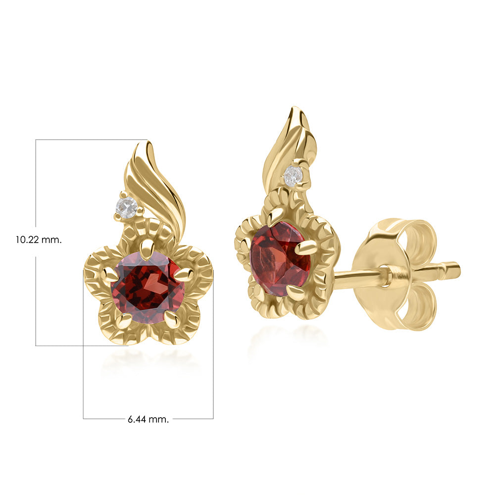 9K Gold Garnet & Diamond Floral Vine Earrings