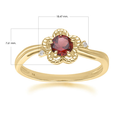 แหวนทองคำ 9K ประดับโกเมน (Garnet) และเพชร (Diamond) ดีไซน์ดอกไม้