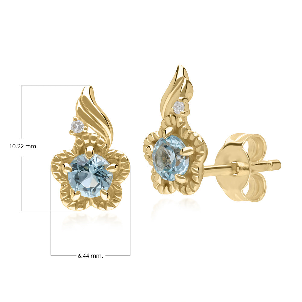 9K Gold Sky Blue Topaz & Diamond Floral Vine Earrings
