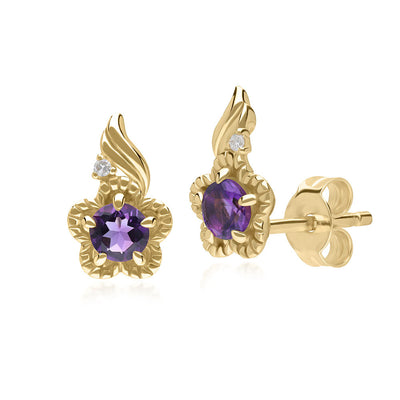 135E1813-04-9K-Gold-amethyst-and-diamond-flower-stud-earrings