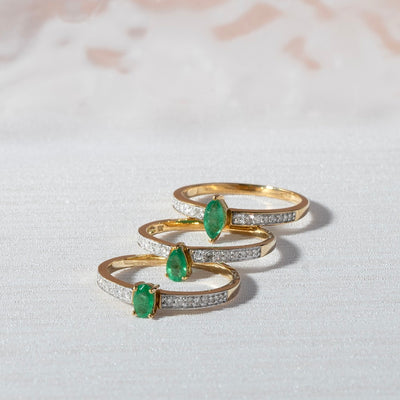 9K Gold Marquise Emerald & Diamond Engagement Ring
