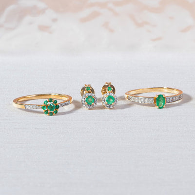 9K Gold Emerald & Diamond Halo Drop Earrings