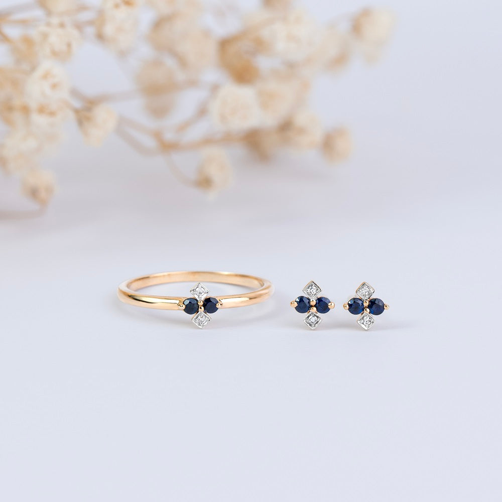 9K Gold Round Blue Sapphire & Rhombus Style Diamond Ring 135R2073-01