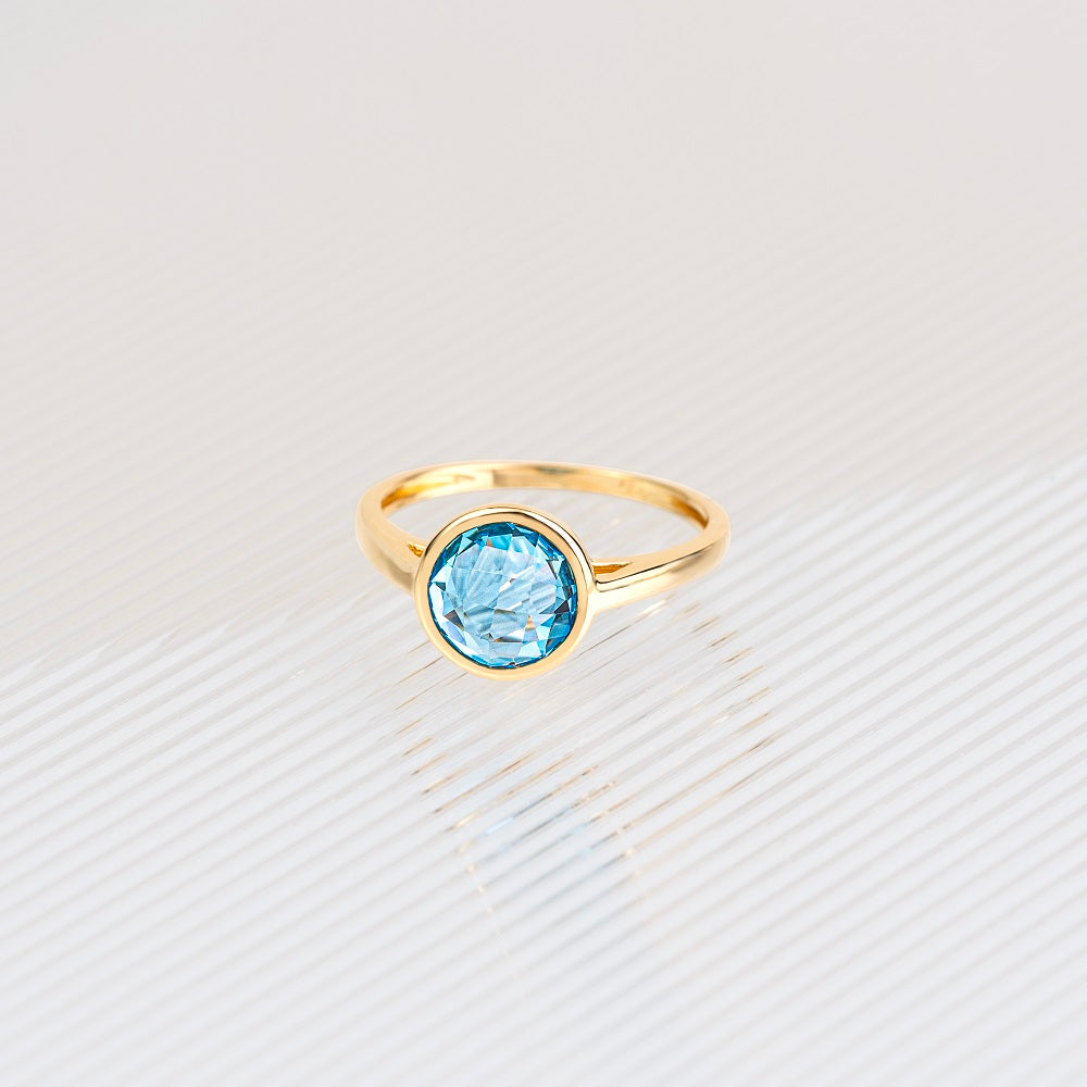 Rainbow Gemstone Round Swiss Blue Topaz Ring in Gold Plated Sterling Silver