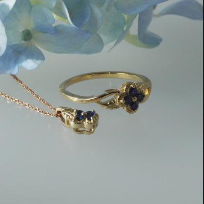 แหวนทองคำ 9K ประดับไพลิน (Blue Sapphire) ดีไซน์เถาวัลย์ดอกไม้
