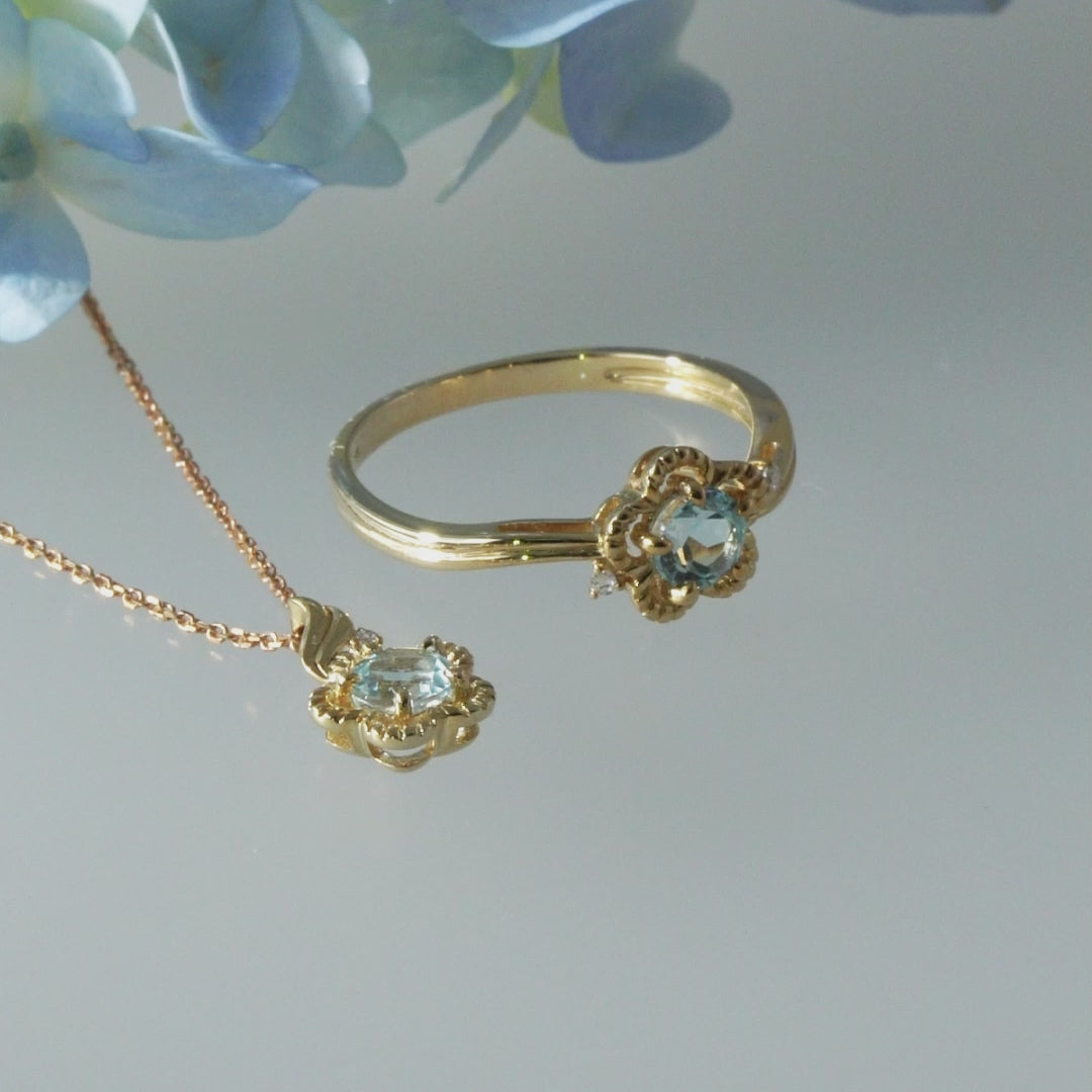 9K Gold Sky Blue Topaz & Diamond Floral Vine Ring