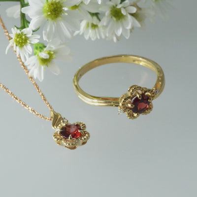 9K Gold Garnet & Diamond Floral Vine Pendant