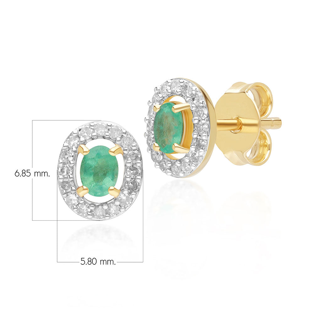 9K Gold Emerald & Diamond Halo Stud Earrings
