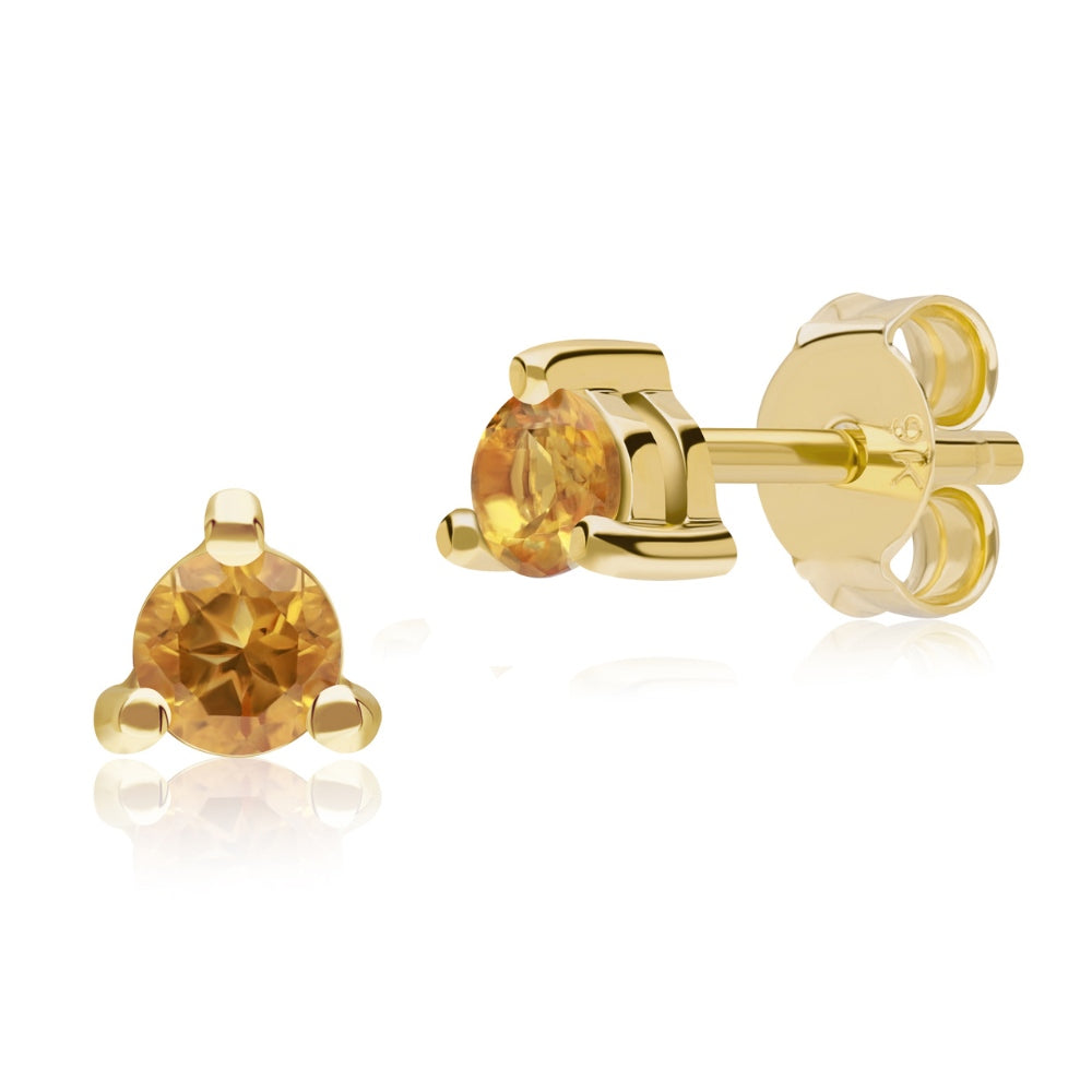 Gold Citrine Three Claws Stud Earrings