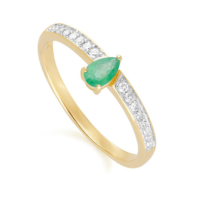 9K Gold Pear Emerald & Diamond Engagement Ring