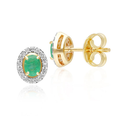 9K Gold Emerald & Diamond Halo Stud Earrings