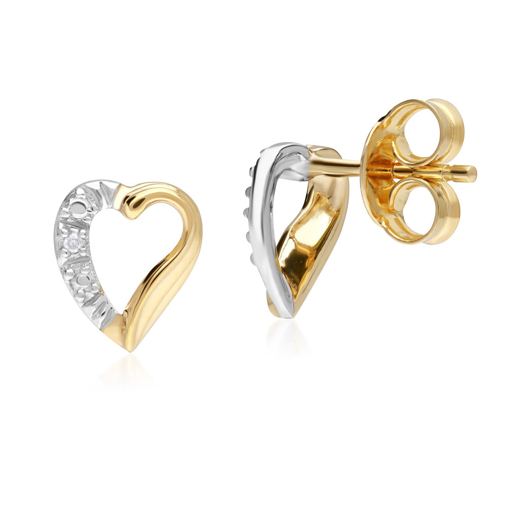 9K Yellow Gold Diamond Heart Stud Earrings