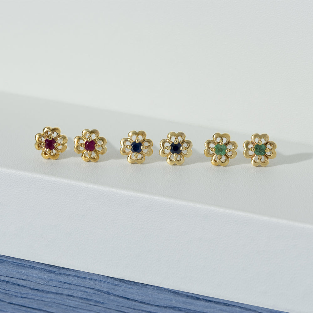 9K Gold Round Emerald Open Petal Flower Stud Earrings