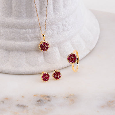 925 Yellow Gold Plated Sterling Silver Floral Round Ruby & Diamond Earrings
