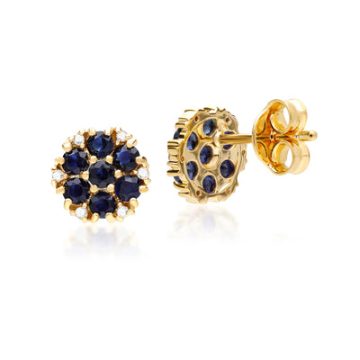 925 Yellow Gold Plated Sterling Silver Floral Round Blue Sapphire & Diamond Earrings