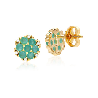 925 Yellow Gold Plated Sterling Silver Floral Round Emerald & Diamond Earrings