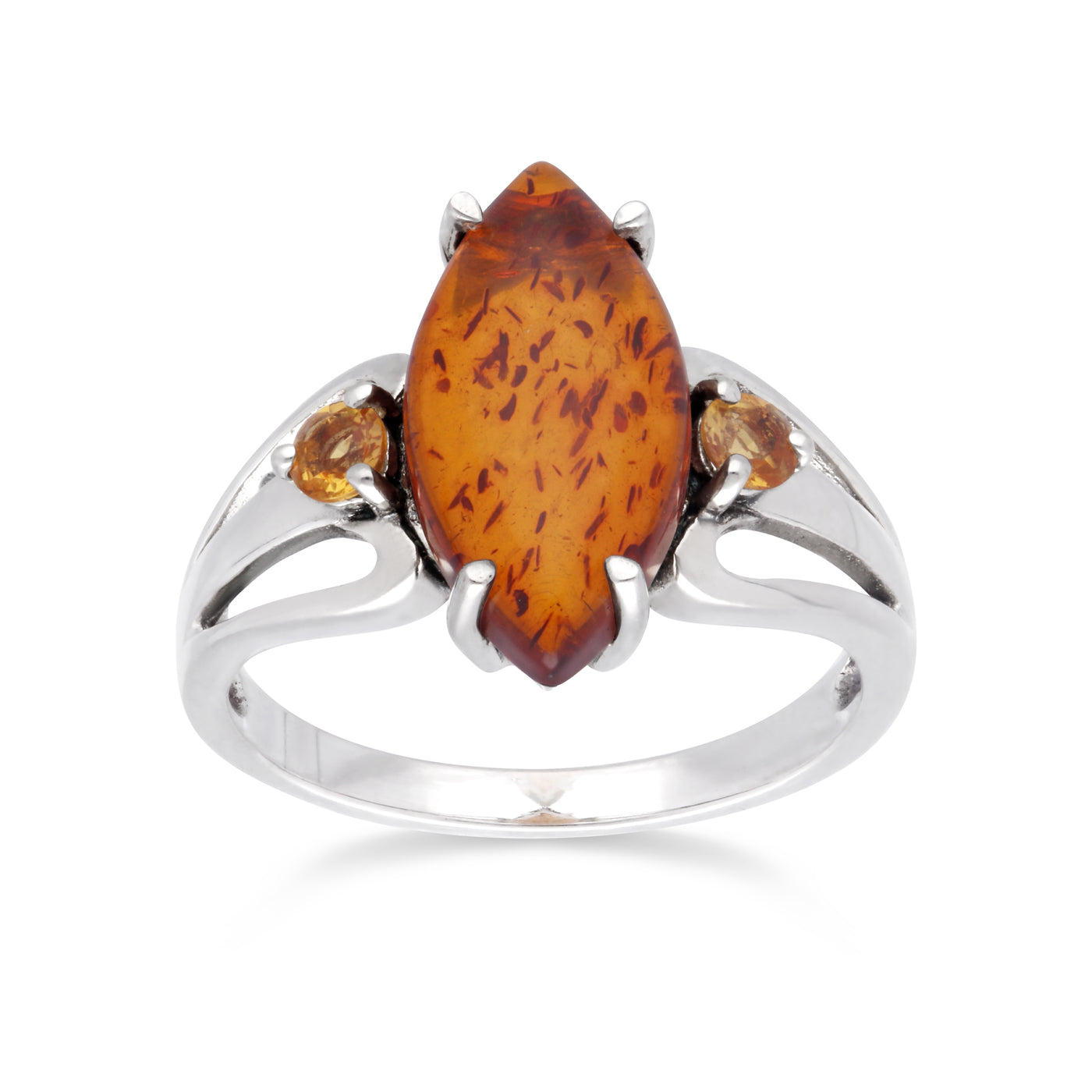 925 Sterling Silver Amber and Citrine Art Nouveau Style Ring