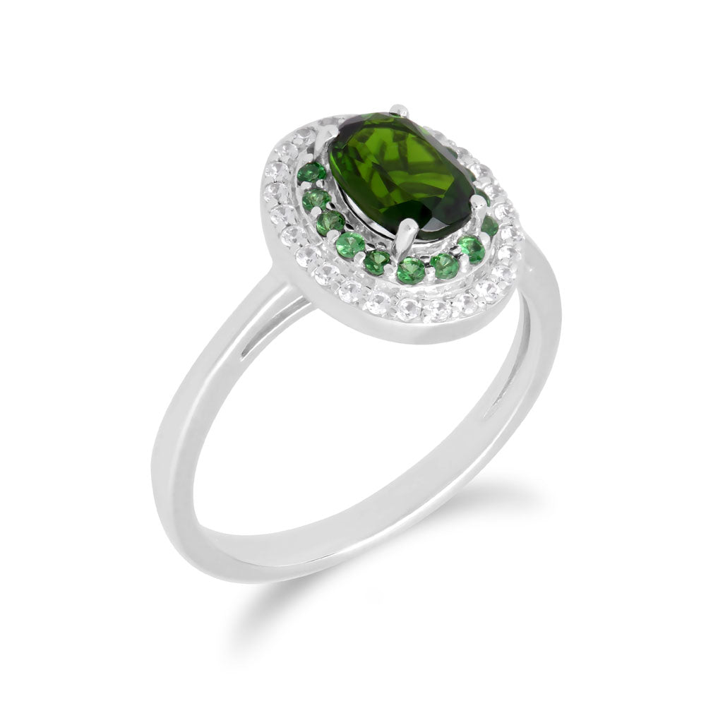925 Sterling Silver Chrome Diopside, Tsavorite and Colorless Zircon Ring