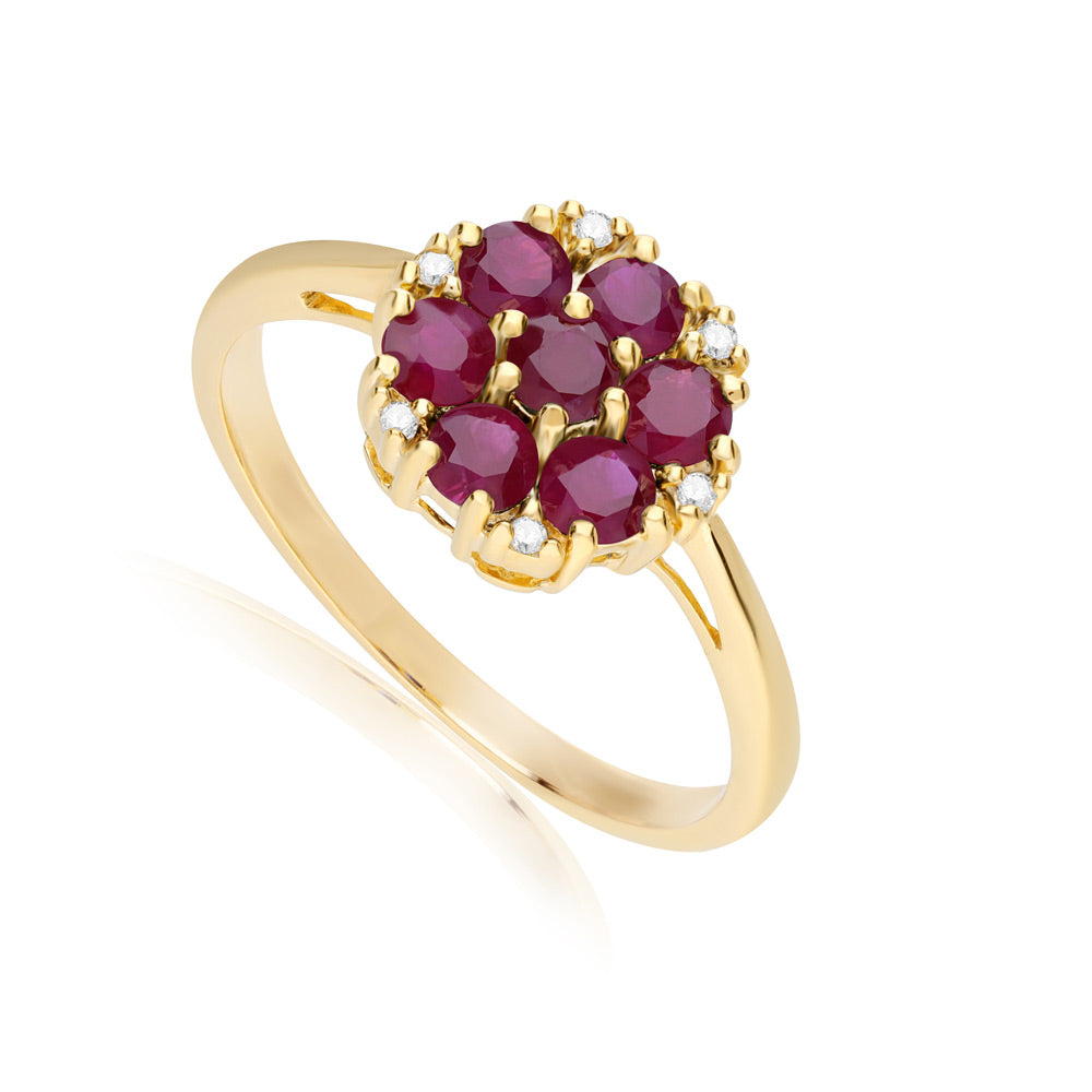 925 Yellow Gold Plated Sterling Silver Floral Round Ruby & Diamond Ring