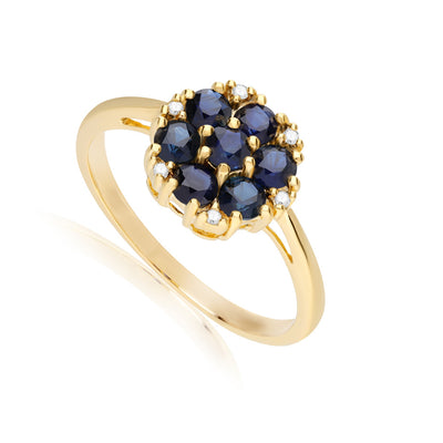 925 Yellow Gold Plated Sterling Silver Floral Round Blue Sapphire & Diamond Ring
