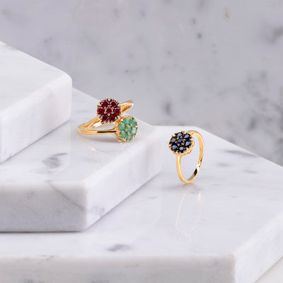 925 Yellow Gold Plated Sterling Silver Floral Round Emerald & Diamond Ring