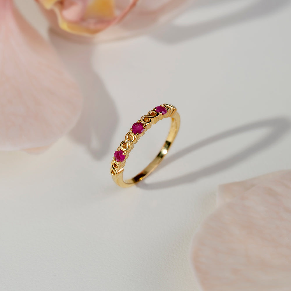 253R7010-01_925 Yellow Gold Plated Sterling Silver Round Ruby Infinity Stackable Ring_Flat Lay_1