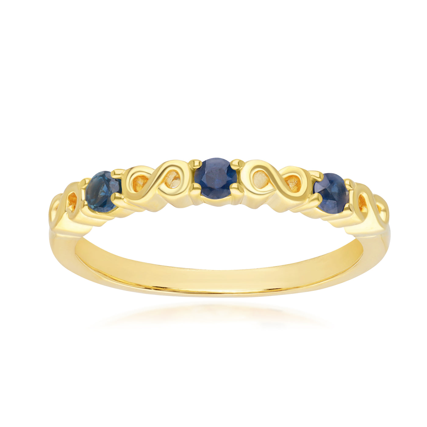 253R7010-03_1_925 Yellow Gold Plated Sterling Silver Round Blue Sapphire Infinity Stackable Ring