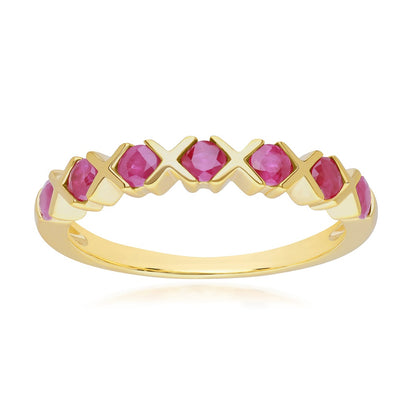 925 Yellow Gold Plated Sterling Silver Round Ruby Criss Cross X Ring