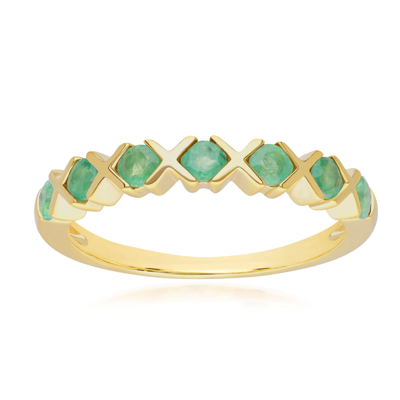 253R7011-02_1_925 Yellow Gold Plated Sterling Silver Round Emerald Criss Cross X Ring