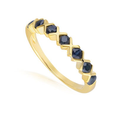 253R7011-03_2_925 Yellow Gold Plated Sterling Silver Round Blue Sapphire Criss Cross X Ring