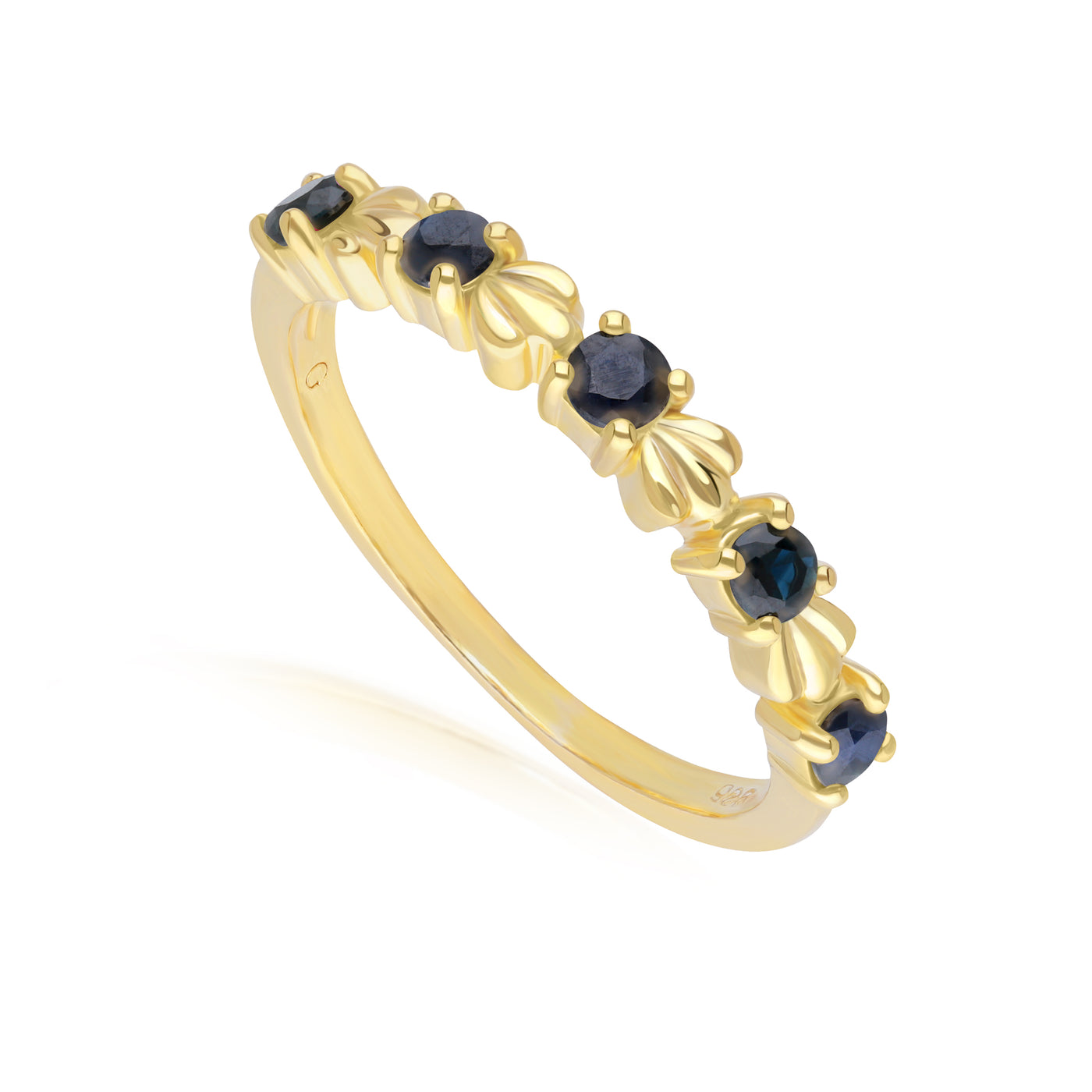 253R7012-03_2_925 Yellow Gold Plated Sterling Silver Round Blue Sapphire Wave Stackable Ring