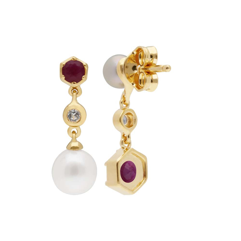 925 Sterling Silver Pearl, Ruby and Topaz Earrings