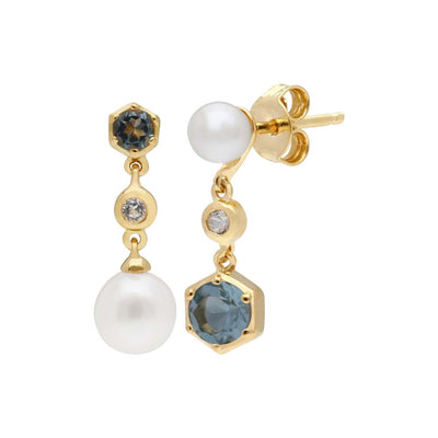 925 Sterling Silver Pearl, Aquamarine and Topaz Earrings