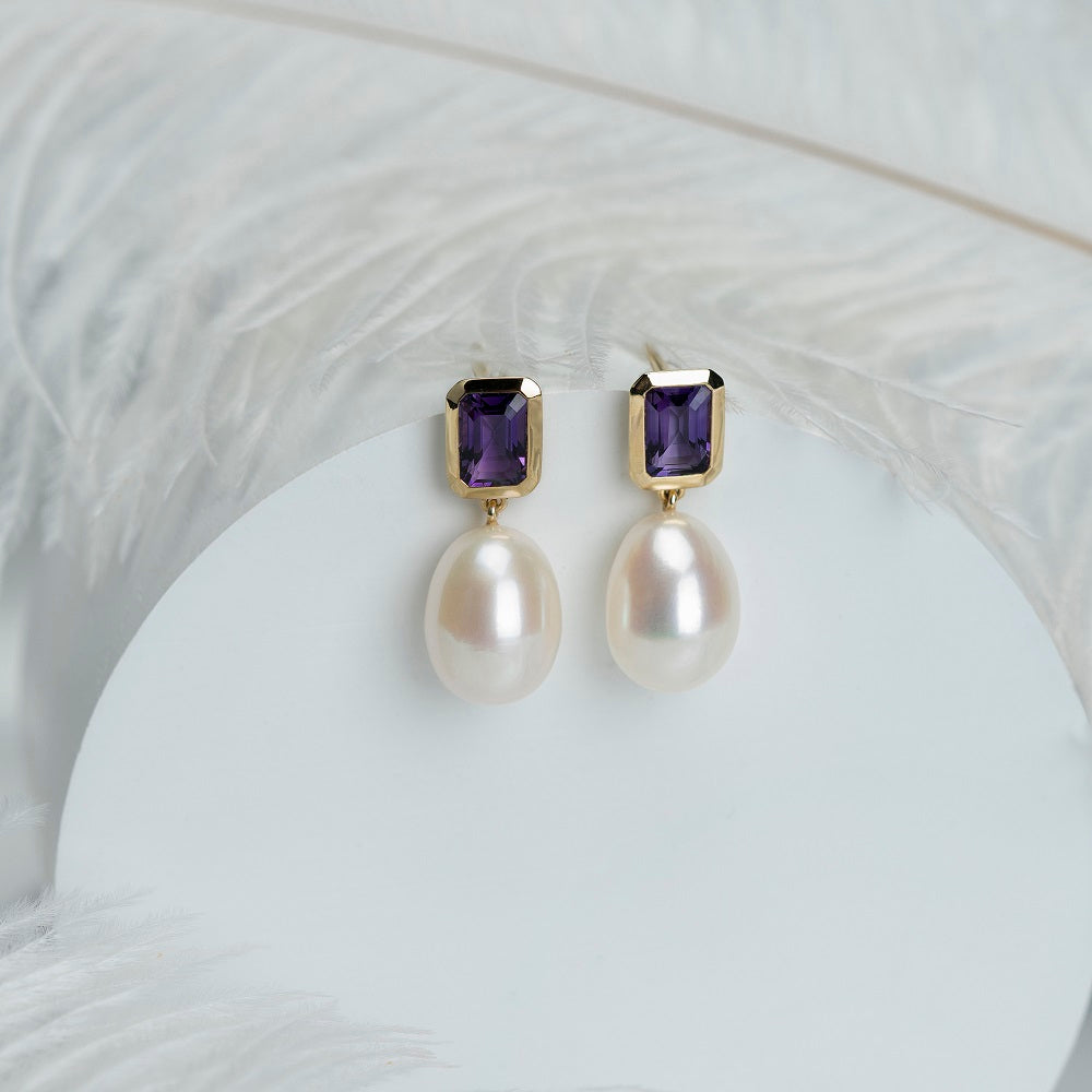925 Sterling Silver Amethyst and Pearl Dangle Drop Earrings