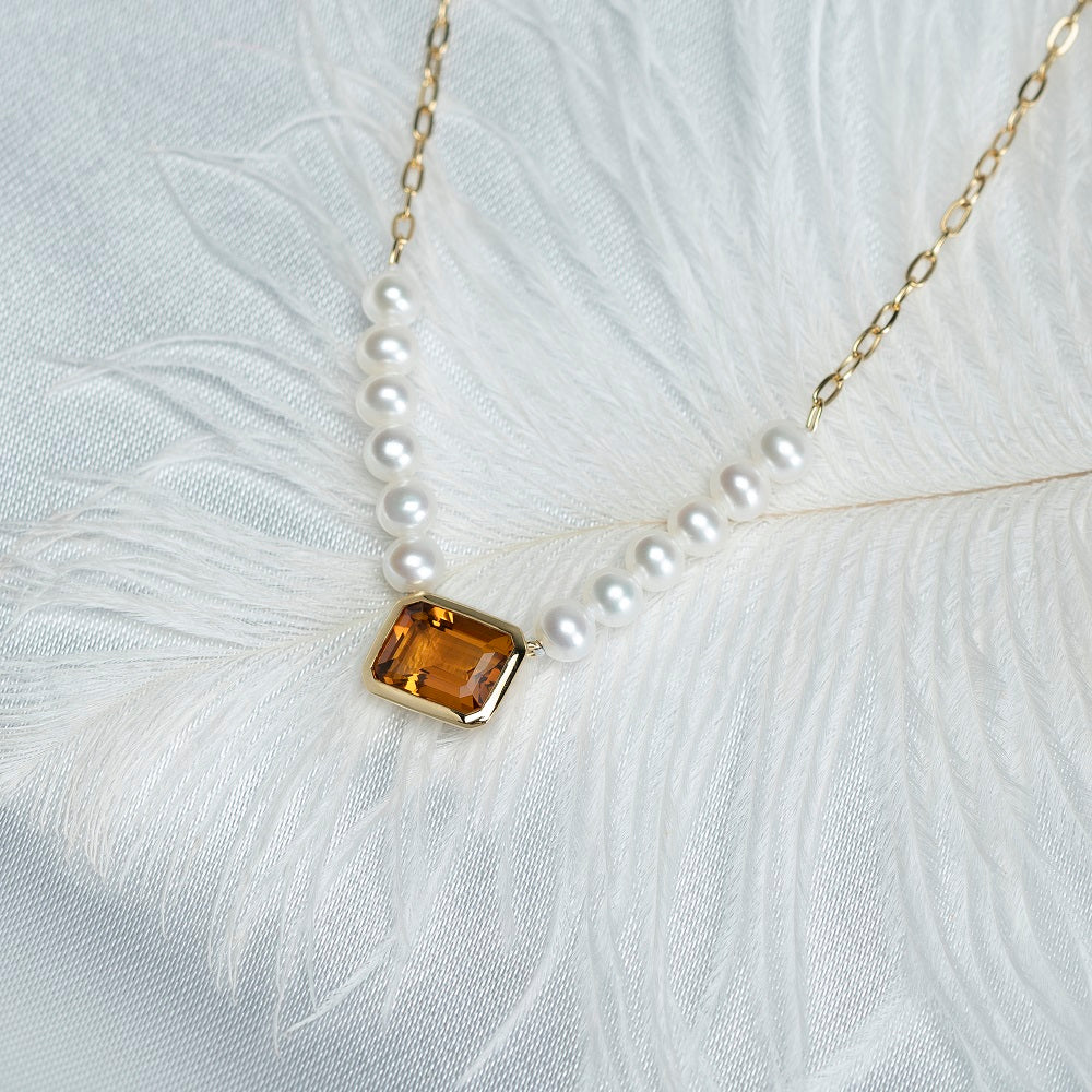 925 Sterling Silver Citrine and Pearl Necklace
