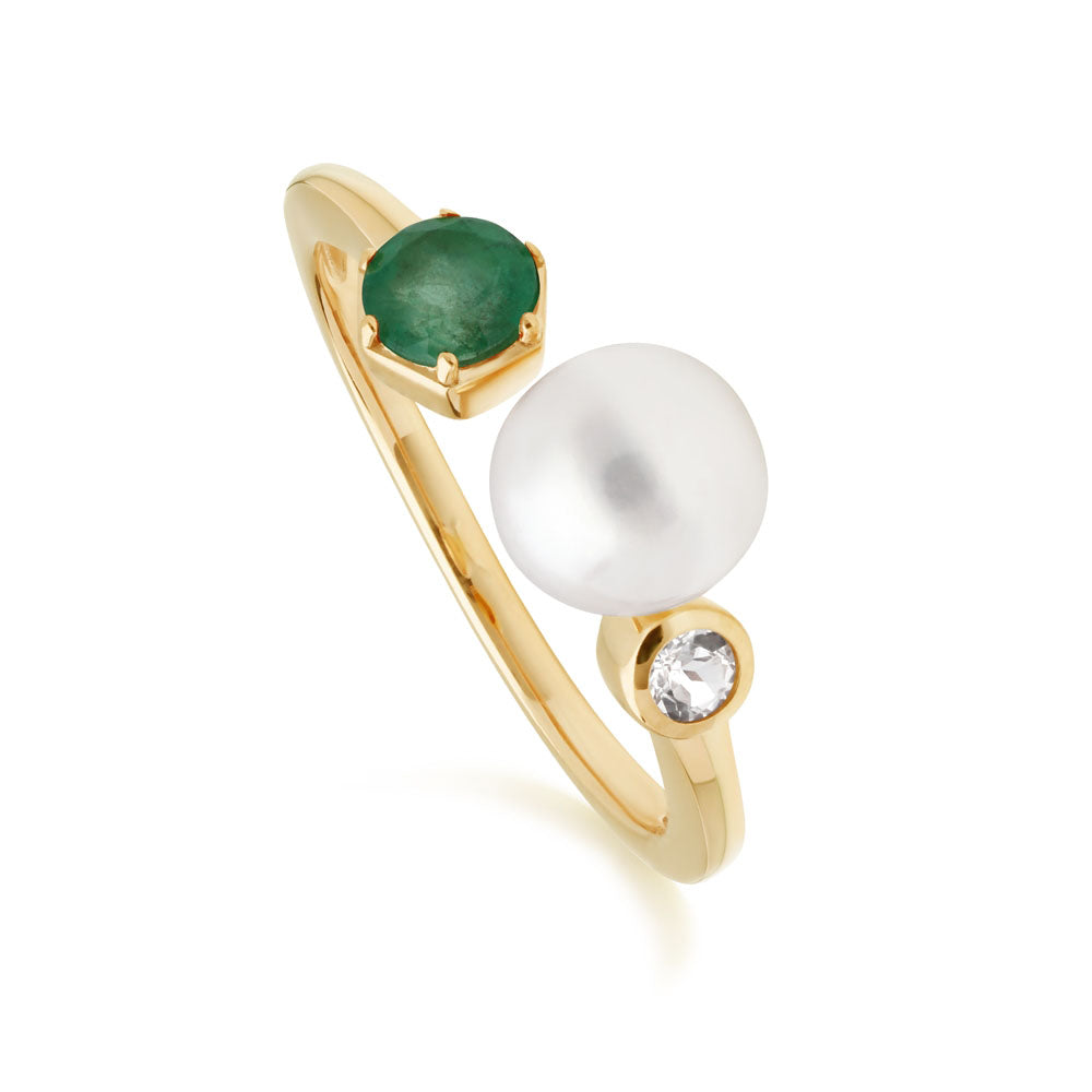 925 Sterling Silver Pearl, Emerald and Topaz Ring