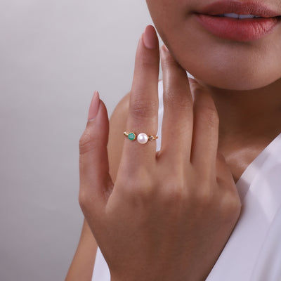 925 Sterling Silver Pearl, Emerald and Topaz Ring