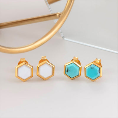 271E0222-01 Silver turquoise hexagon stud earrings