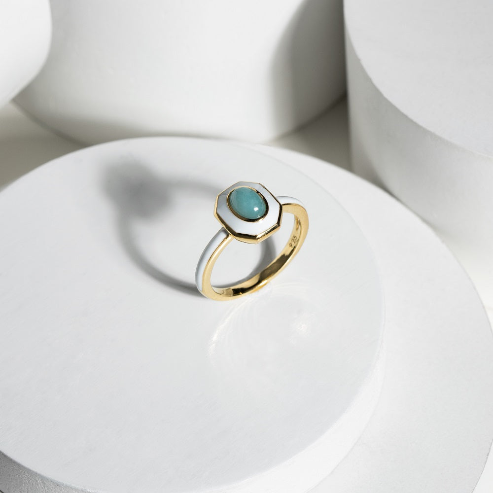 925 Sterling Silver White Enamel and Amazonite Ring