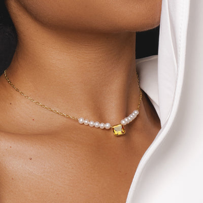 925 Sterling Silver Citrine and Pearl Necklace