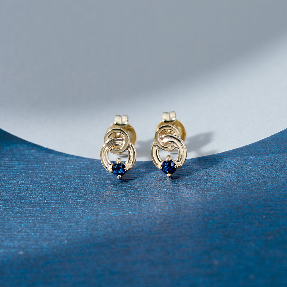 9K Gold Blue Sapphire Open Circle Double Round Stud Earrings